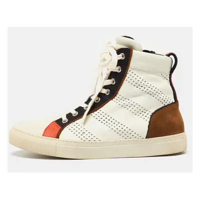 Balmain Multicolor Perforated Leather, Suede and Canvas High-Top Sneakers Size