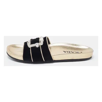 Prada Black Velvet Embellished Buckle Slides Size 39.5