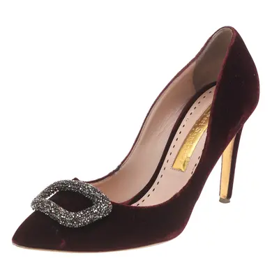 Rupert Sanderson Deep Red Velvet Crystal Embellished Pointed Toe Pumps Size