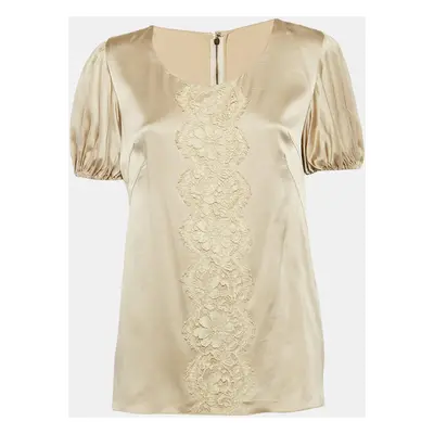 Dolce & Gabbana Cream Lace Trim Satin Puff Sleeve Blouse