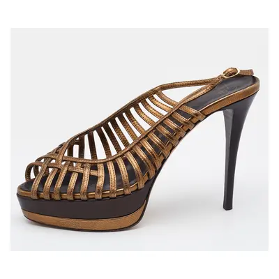 Giuseppe Zanotti Gold/Brown Leather Strappy Platform Sandals Size