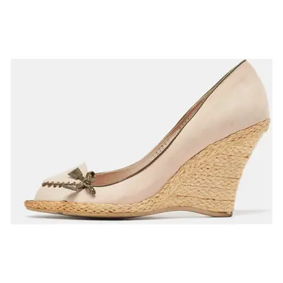 Salvatore Ferragamo Beige Nubuck Leather Peep Toe Espadrille Wedge Pumps Size 38.5