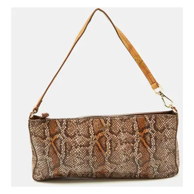 Alviero Martini 1A Classe Brown Python Embossed and Leather Zip Baguette Bag