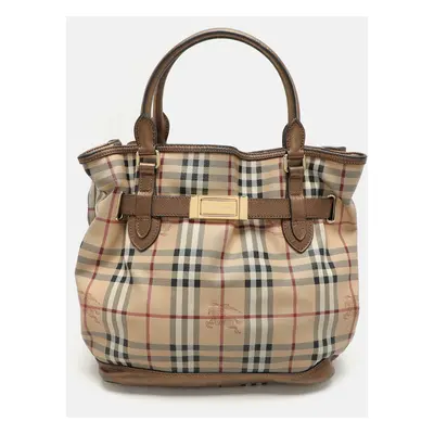 Burberry Beige/Brown Haymarket Check PVC and Leather Medium Golderton Tote