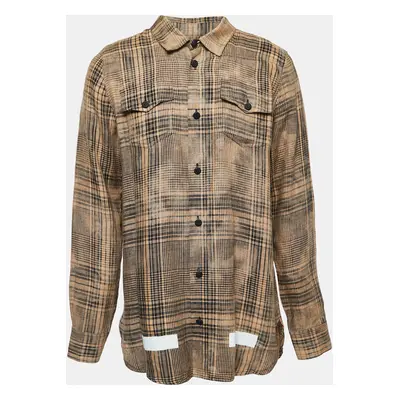 Off-White Beige Plaid Linen Button Front Full Sleeve Shirt