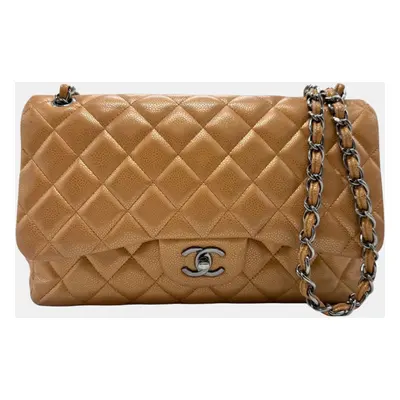 Chanel Light Bronze Caviar Skin Leather Matelasse Double Flap Shoulder Bag