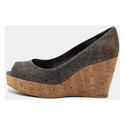 Stuart Weitzman Grey Lurex Fabric Anna Cork Wedge Platform Peep Toe Pumps Size