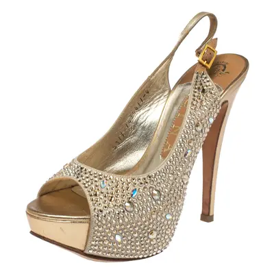 Gina Beige Satin Crystal Embellished Platform Peep Toe Slingback Sandals Size