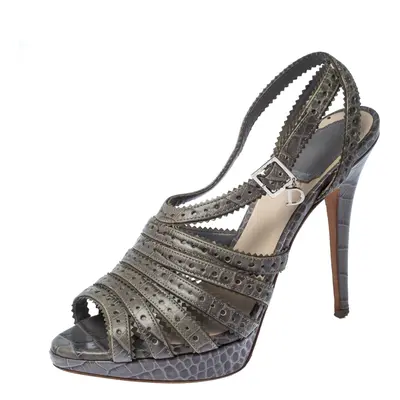 Dior Grey Crocodile Bonnie Strappy Peep Toe Platform Sandals Size 38.5