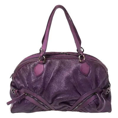 Moschino Purple Crinkled Patent Leather Double Zip Pocket Duffel Bag