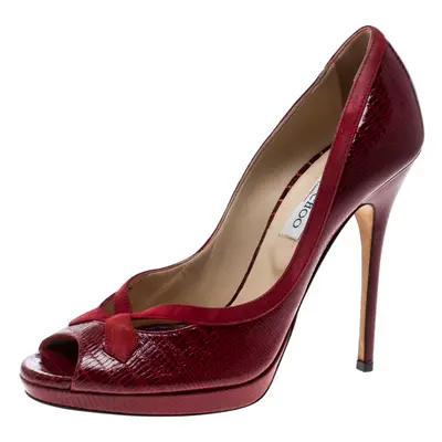 Jimmy Choo Red Embossed Lizard Patent Leather And Suede Trim Peep Toe Platform Pumps Size