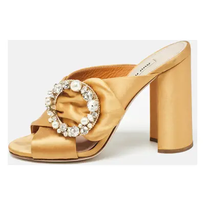 Miu Miu Brown Satin Crystal and Faux Pearl Embellished Brooch Peep Toe Slide Sandals Size