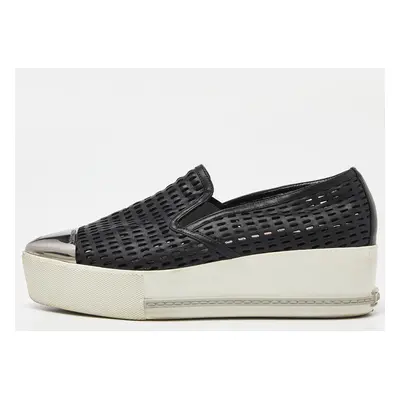 Miu Miu Black Perforated Leather Metal Cap Toe Slip On Sneakers Size