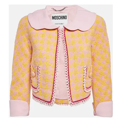 Moschino Couture Pink/Yellow Houndstooth Tweed Open Front Crop Jacket