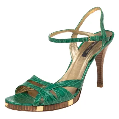 Sergio Rossi Green Croc Embossed Leather Ankle-Strap Sandals Size