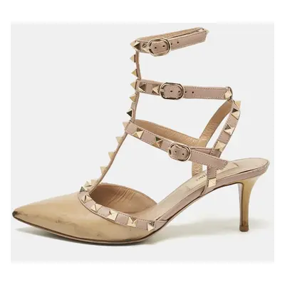 Valentino Beige Patent Leather Rockstud Ankle Strap Pumps Size