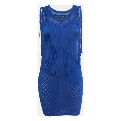 Roberto Cavalli Blue Knit Fringed Sleeveless Mini Dress