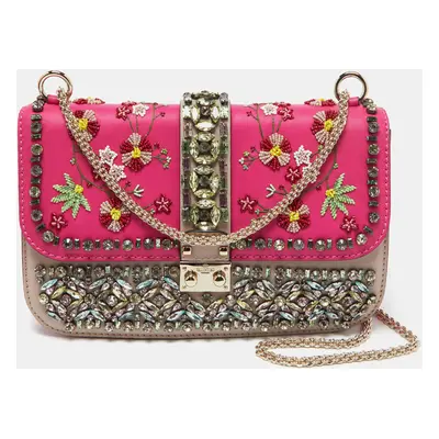 Valentino Pink/Beige Leather Medium Embellished Glam Lock Flap Bag