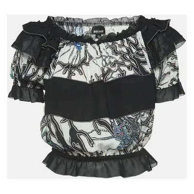 : Just Cavalli White/Black Printed Crepe Ruffled Off-Shoulder Crop Top