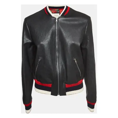 Gucci Black Blind For Love Embroidered Leather Bomber Jacket