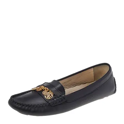 CH Carolina Herrera Black Leather Logo Charm Detail Slip On Loafers Size