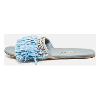 Miu Miu Blue Raffia and Suede Crystal Embellished Flat Slides Size