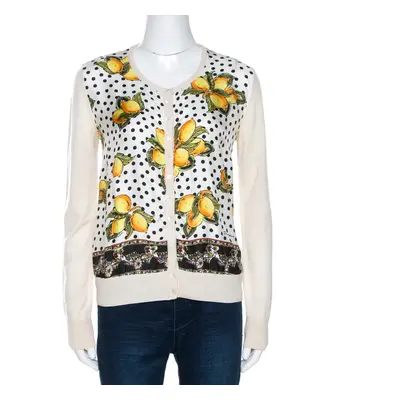 Dolce & Gabbana Cream Lemon Print Silk Wool Cardigan