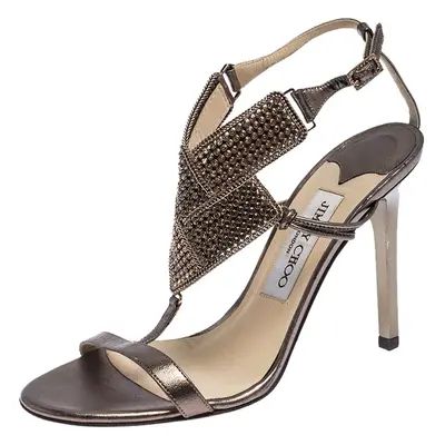 Jimmy Choo Metallic Bronze Leather Crystal Embellished Ankle Strap Sandals Size 36.5