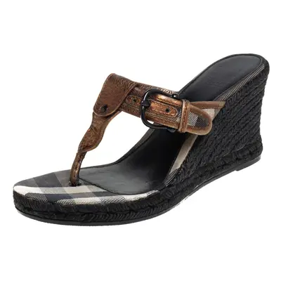 Burberry Metallic Bronze Leather Wedge Espadrille Thong Slide Sandals Size