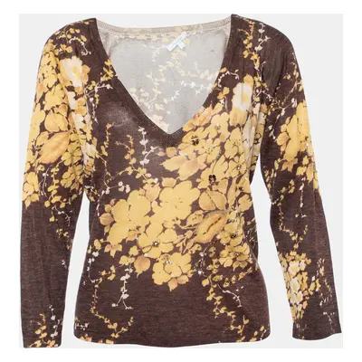 Max Mara Brown Floral Printed Silk & Linen Knit Embellished V-Neck Top