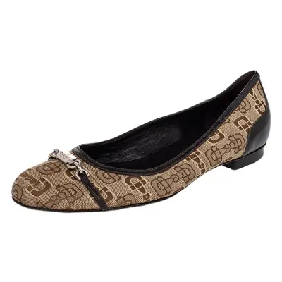 Gucci Beige/Brown Canvas And Leather Logo Embellished Ballet Flats Size