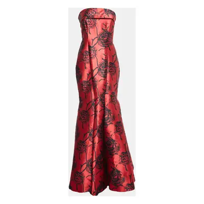 CH Carolina Herrera Red & Black Floral Jacquard Strapless Mermaid Gown