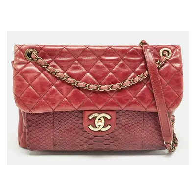 Chanel Burgundy Quilted Aged Leather and Python Large Urban Mix Flap Bag