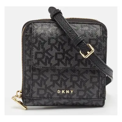 DKNY Black/Grey Signature Coated Canvas Mini Zip Around Olive Crossbody Bag