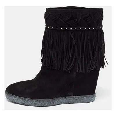 Le Silla Black Suede Concealed Fringed Wedge Boots Size