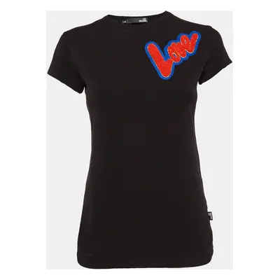 Love Moschino Black Cotton Knit Love Patch Detail T-Shirt