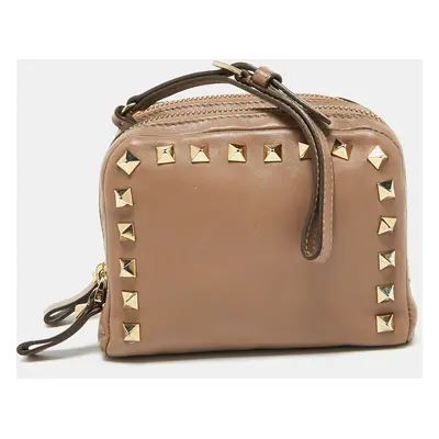 Valentino Beige Leather Rockstud Double Pouch Wallet