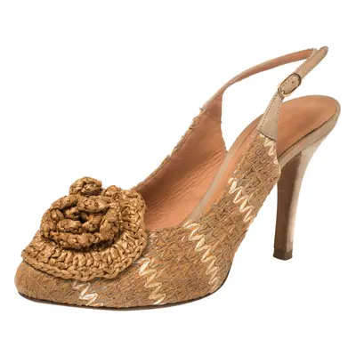 Dolce & Gabbana Tan And Beige Leather And Raffia Flower Slingback Pumps Size