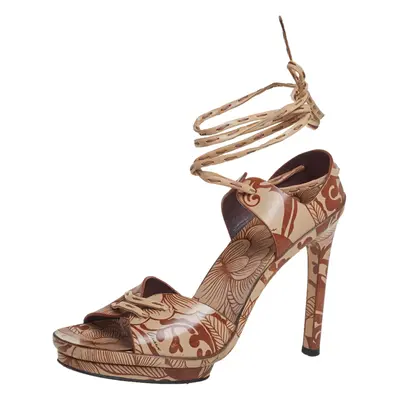 Gucci Brown/Beige Floral Printed Leather Ankle Wrap Sandals Size