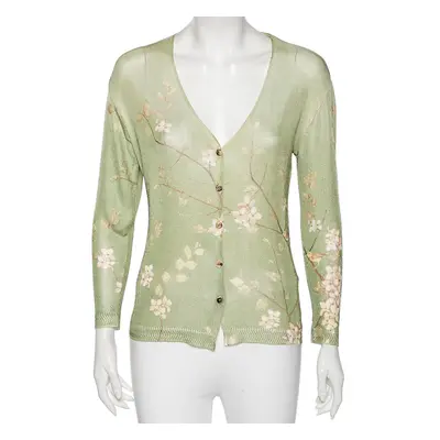 Roberto Cavalli Green Floral Printed Knit Button Front Cardigan