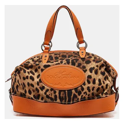 Dolce & Gabbana Orange/Beige Leopard Print Fabric and Leather Animalier Satchel