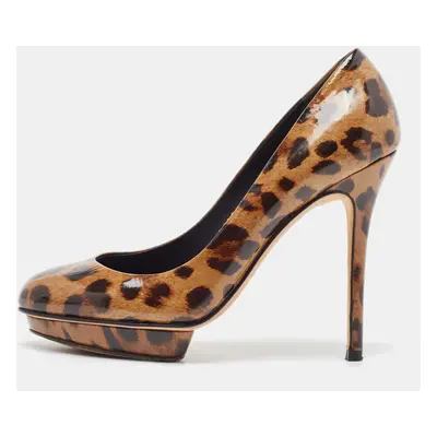 Gina Brown/Beige Leopard Print Patent Round Toe Pumps Size