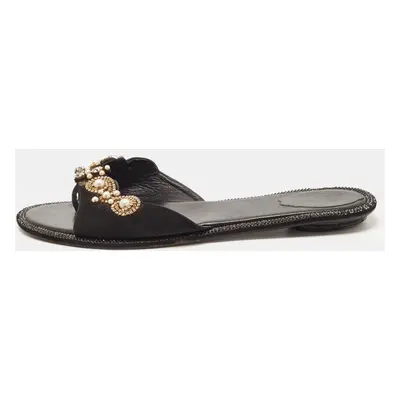 Rene Caovilla Black Suede Crystal Embellished Flat Slides Size