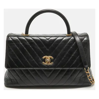 Chanel Black Chevron Leather Coco Top Handle Bag