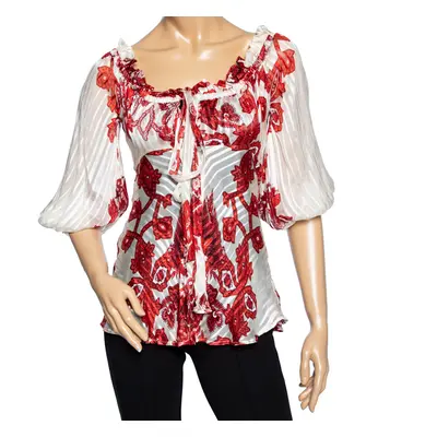 Roberto Cavalli Ivory & Red Printed Silk Neck Tie Detail Blouse