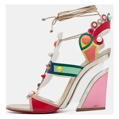 Christian Louboutin Multicolor Leather Papagaya Levita Wedge Ankle-Wrap Sandals Size