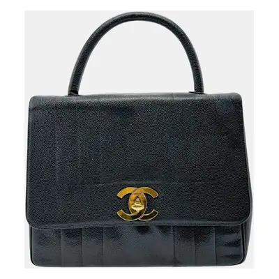 Chanel Black Gold Caviar Skin Leather Mademoiselle Handbag