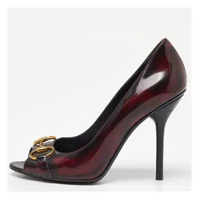 Gucci Two Tone Patent Leather Horsebit Peep Toe Pumps Size