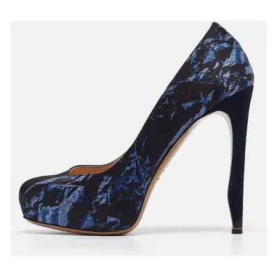 Nicholas Kirkwood Navy Blue Print Satin Platform Pumps Size 37.5