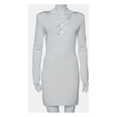 Balmain White Textured Knit Lace Up Tie Detail Mini Dress